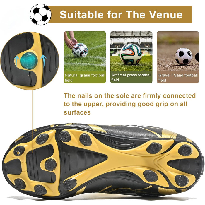 Дитячі футбольні бутси Unisex, чорно-золоті, розмір 28-37 EU, дихаючі, антиковзкі