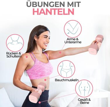 Регульовані гантелі 2 в 1 + гвинтівка (kettlebell) – Набір гантелей для жінок, Рожеві, короткі гантелі 1–3 кг & гвинтівка 2,5–6,5 кг, з 3 еластичними стрічками та інструкцією