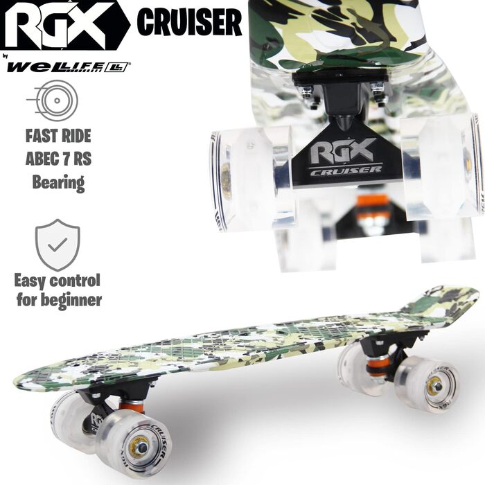 Скейтборд WeLLIFE Mini Cruiser 22'' (56 см), PU колеса з LED, ABEC-7, для підлітків і дорослих, військовий стиль
