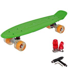 Скейтборд FunTomia Mini-Cruiser 57 см з LED підсвіткою, підшипники ABEC-9, алюмінієві траки, T-Tool (Зелений з помаранчевими LED колесами)