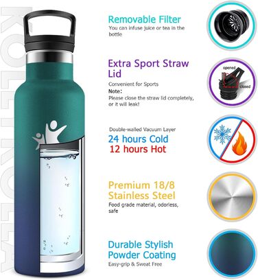 Фляга KollyKolla 750 мл з нержавіючої сталі, ізольована, з трубочкою, BPA-Free, для газованої води, вакуумна термофляга, фляга для води для дорослих, універсальна, для спорту, офісу, тренажерного залу, велосипеда, кемпінгу, темно-синій (500 мл, темно-зеле