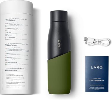 Пляшка LARQ Bottle Movement PureVis 710 мл – легка багаторазова нержавіюча пляшка для води з UV-очищенням, самостійним очищенням, для подорожей, чорна/зелена, гарантія 2 роки