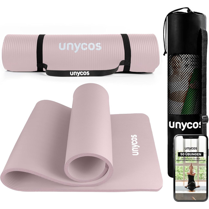 Гімнастичний килимок Unycos 183x60 см, NBR 15 мм, нековзкий, для йоги, пілатесу, фітнесу, з ременем та E-книгою, рожевий, нетоксичний