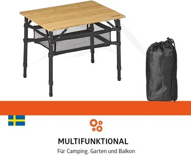 Зручний складаний садовий/кемпінговий столик Campout з бамбуковою полицею (65x50x65 см), 3 положення висоти, з сумкою