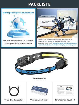 Налобний ліхтар Smiling Shark 2400mAh з 315° поворотом, 2 світлодіоди, сенсор руху, мультимодний, для кемпінгу та туризму