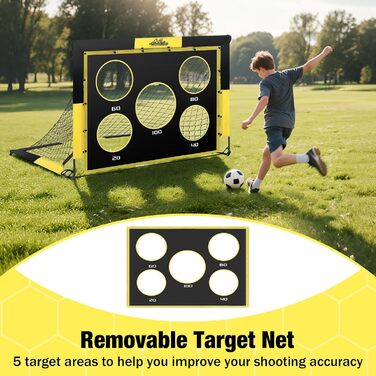 Ворота для футболу MoKo для саду, 150x120 см, сітка з мішенню, портативне обладнання для тренувань дітей, ігровий спорт на відкритому повітрі (чорний+жовтий)