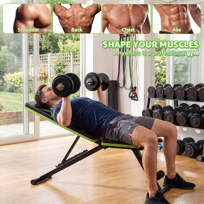 Складана лавка для тренувань з обтяженнями 330LBS, багатофункціональна, для дому, фітнесу, прес, зі змінним нахилом, зелена