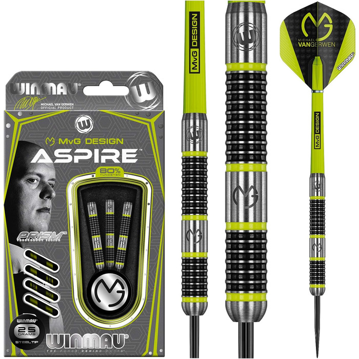 Дротики WINMAU Michael Van Gerwen MvG Aspire, вольфрамові, сталевий наконечник, з призмовими крилами та нейлоновими хвостовиками, 25 г