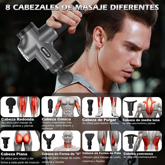 Масажер для м'язів: електричний масажний пістолет з 8 насадок та 30 швидкостями до 4800 об/хв (сріблясто-сірий)