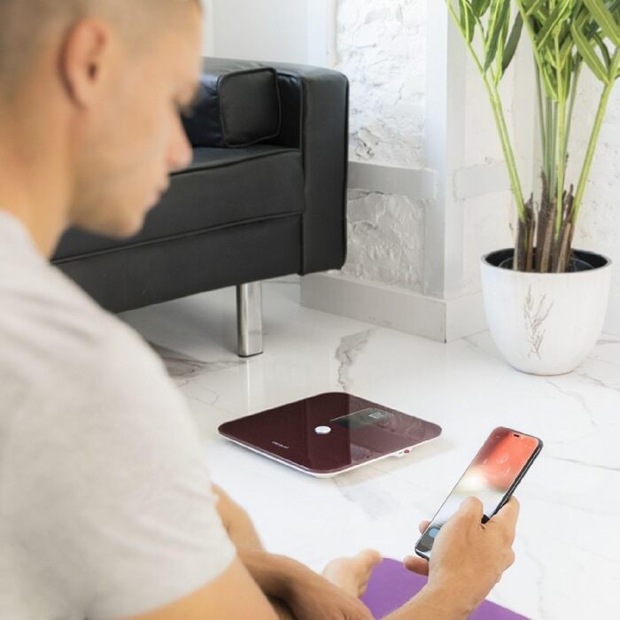 Ваги для ванні кімнати Cecotec Digitale 10400 Smart Healthy Vision з додатком, точність поверхні, дисплей, вимірювання біоімпедансу, частота серця, 180 кг, гранатовий