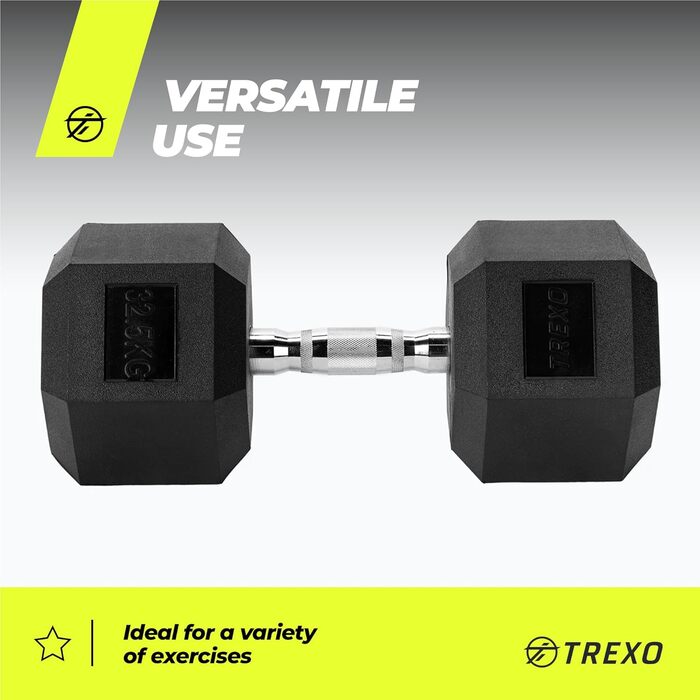 Гантеля TREXO Hex 32,5 кг, гексагональна, гумова, чавунна, для силових тренувань, ергономічна ручка