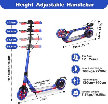 Самокат трюковий Kickscooter LED-синій, для дітей 8-12 років та дорослих, колеса 200 мм, дискові гальма, складаний, з ременем та подвійною амортизацією