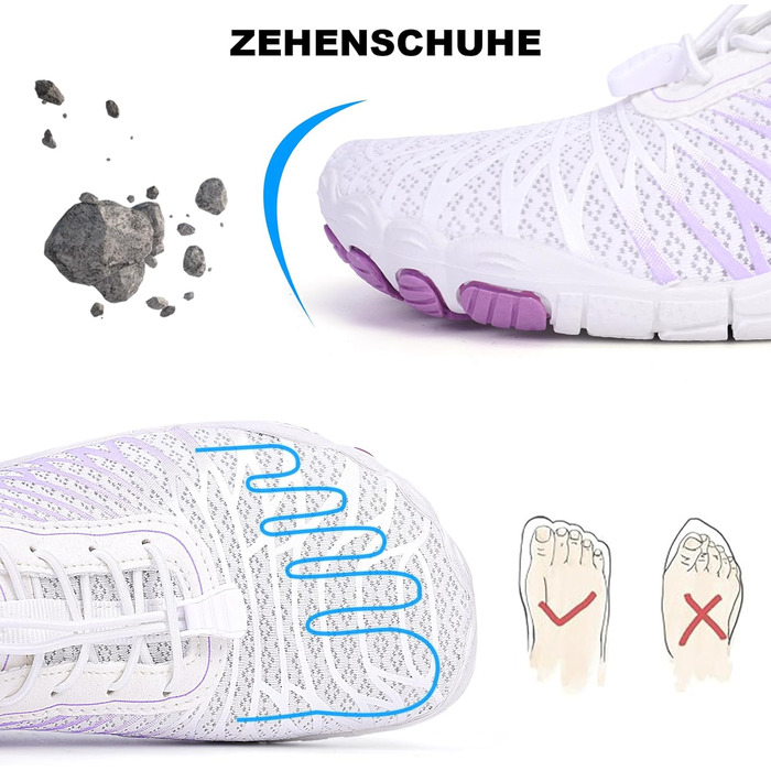 RUYI Взуття для пішоходів без шкарпеток унісекс, швидковисихаюче, для плавання, м'яке, легке, трейлраннінг, фітнес, з неслизькою підошвою та широкою передньою частиною (A09 Білий/Фіолетовий, 41 EU)