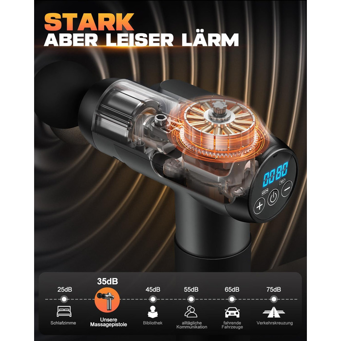 Масажер для м'язів, пістолет для масажу з 99 швидкостями та 8 насадок, до 9800U/min, амплітуда 14 мм, LED-дисплей, 35 dB, для розслаблення спини та плечей, чорний