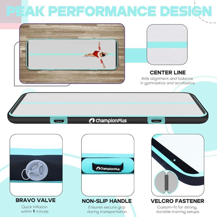 Надувна гімнастична матка Track 5м з електричним насосом, йога-килимок, тренувальний килимок для кемпінгу та фітнесу, двосторонній м'ятно-зелений (чорно-м'ятний, 400x100x10см)