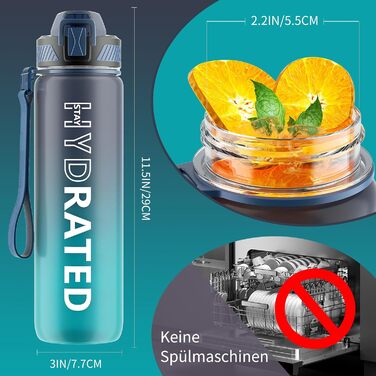 Спортивна пляшка для води 1л Tritan без BPA з трубочкою, з маркуванням часу та щіткою, для фітнесу, школи, йоги, відпочинку на природі (1 шт.), темно-синій