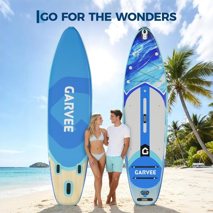 SUP Board Garvee надувний, блакитний 335x85.9x15 см - Комплект для дорослих та підлітків: весло, насос, рюкзак, EVA-дека