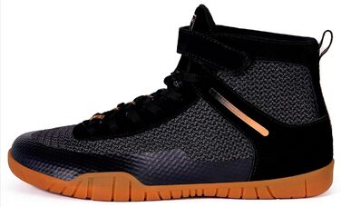 Черевики для боротьби, боксерські, фітнес, важкої атлетики та пауерліфтингу з плоскою підошвою (42 EU, широкі, чорний та золотий)