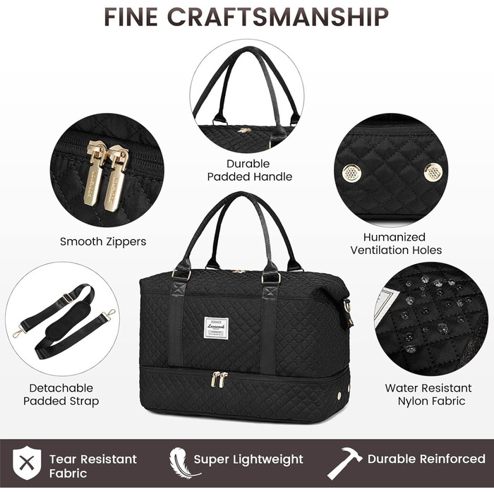 Спортивна сумка LOVEVOOK для жінок з відділенням для взуття та мокрих речей, велика дорожня сумка-вояджер, комплект з косметичкою, водонепроникна, ручна поклажа для літака, спортзал, чорна (M-2pcs)