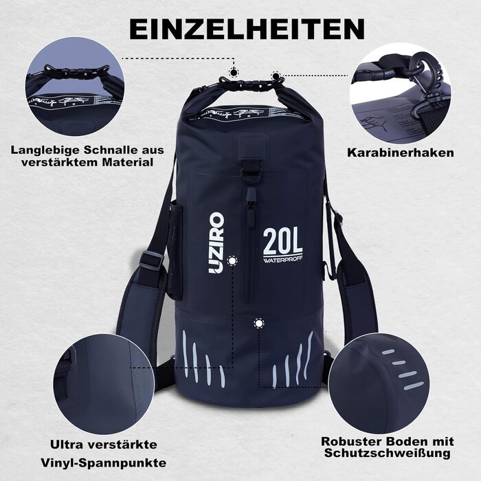 Водонепроникний рюкзак UZIRO 20L, Dry Bag, чорний