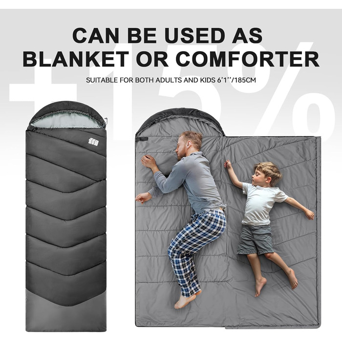 Спальний мішок для дорослих на холодно, водонепроникний, легкий, чорний (1,8 кг) - для кемпінгу, походів, відпочинку на природі та дому