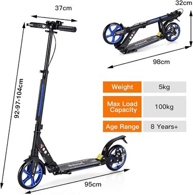 Tretroller GOPLUS Roller Kinder 8 років, City Roller для дітей та дорослих, вантажопідйомність 100 кг, регульована висота, складний, з гальмом та ременем (Блакитний)