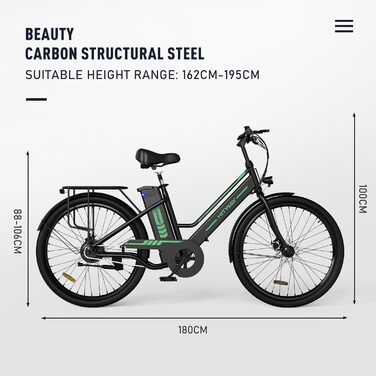 Електровелосипед HITWAY 26 дюймів для дорослих, міський e-bike з 8.4Ah 36V знімним акумулятором, регульованим сидінням, багажником, для чоловіків та жінок, ідеально підходить для міських поїздок і ком'ютерів