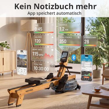 Складальний гребний тренажер Wenoker для дому, Bluetooth та APP, LCD-дисплей, максимальна вага 160 кг, колір дуб коричневий