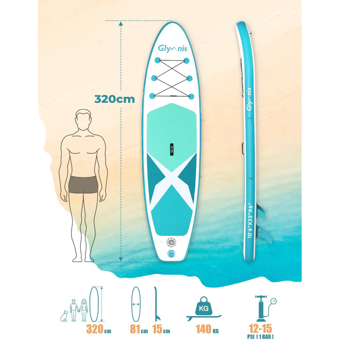 Надувний SUP Борд Glymnis Stand Up Paddle Board 10'6' (320x81x15 см) з Алюмінієвим Веслом, Насосом та Аксесуарами (Білий+Чорний)