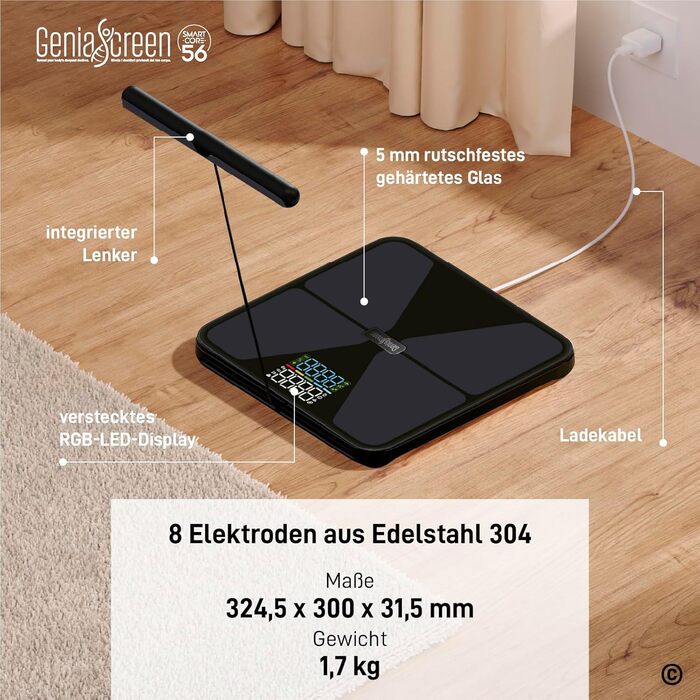 Вага для вимірювання жиру в тілі GeniaScreen SmartCore з Bluetooth: аналіз складу тіла, 56 показників, LED-дисплей, 180 кг