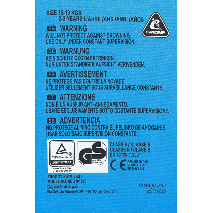 Жилет для плавання CRESSI Froggy з неопрену для дітей, блакитний/жовтий, M (3/6 років)