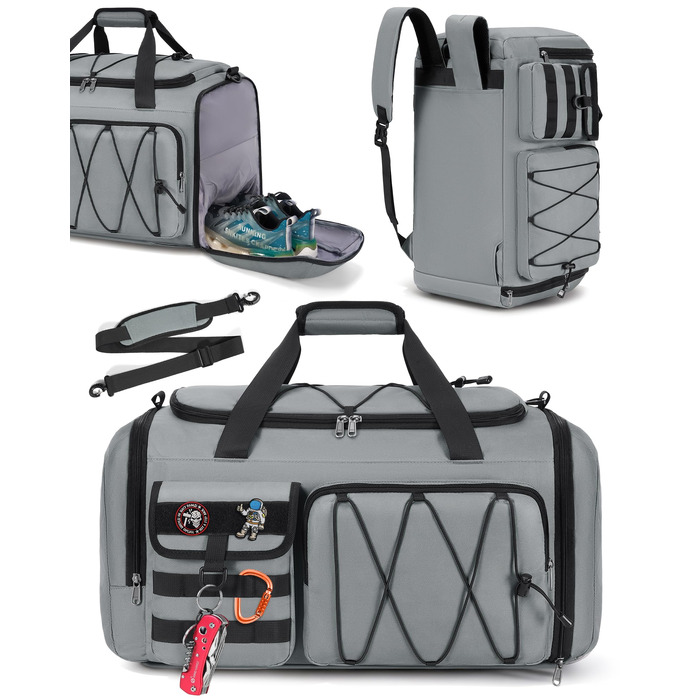 Спортивна сумка RAINSMORE 45L 3-в-1 для фітнесу та подорожей, водонепроникна дорожня сумка з відділенням для взуття та мокрих речей (Сіра)