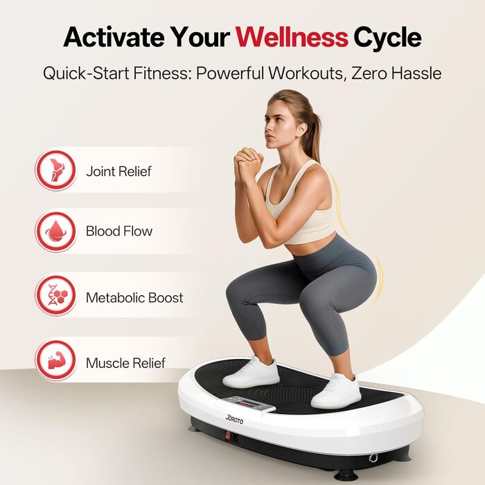 Вібраційна платформа JOROTO 4D для дому: 3 потужні мотори, професійне тренування всього тіла, 10 режимів (3 авто/7 ручні), таймер, до 158 кг, тиха та неслизька