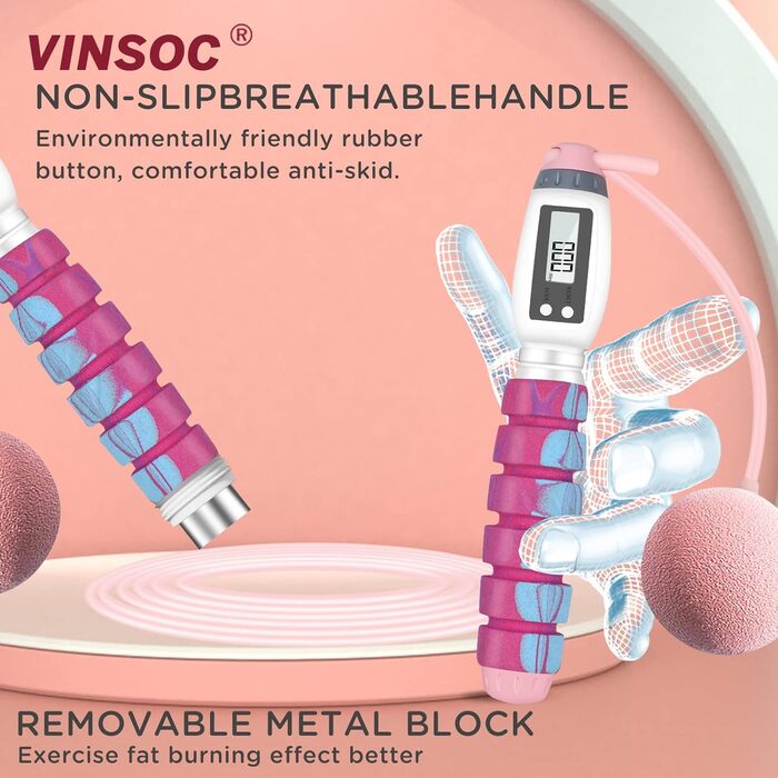 Скакалка VINSOC з лічильником калорій, регульована, для дорослих і дітей, рожевий поролоновий грип, фітнес-скакалка EVA для схуднення