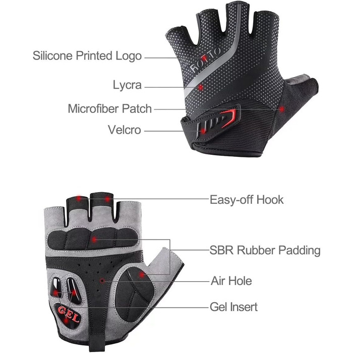 ROTTO Велосипедні рукавички напівпальці унісекс з гелевою амортизацією для MTB, шосе, фітнесу, даунхілу, чорно-сірі, XXL