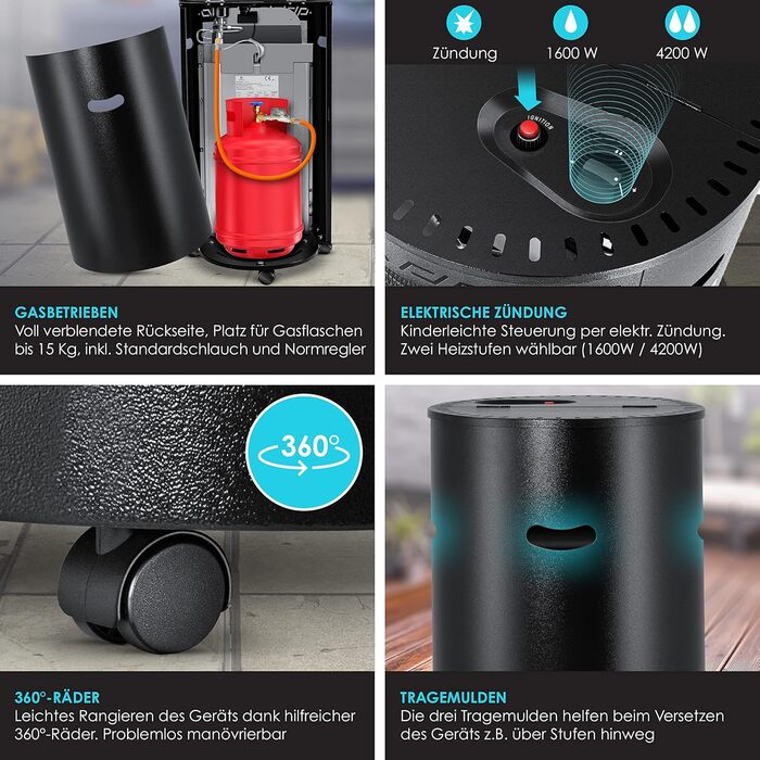 Газовий обігрівач KESSER® з керамічним інфрачервоним нагрівачем 4200 Вт (з газовим редуктором та шлангом) - газовий нагрівач, чорний