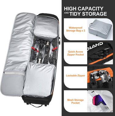 Чохол для лиж Odoland з роликами, водонепроникний, для подорожей літаком, 170 см, оранжевий