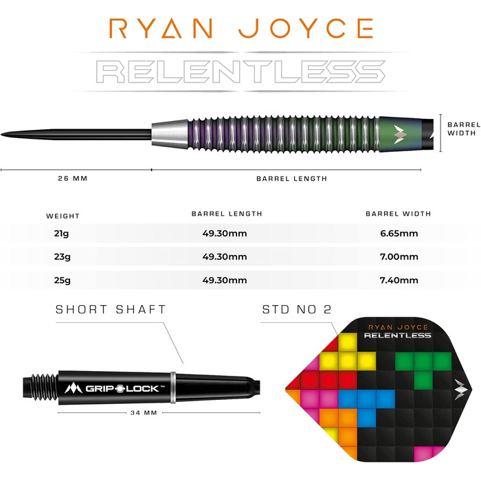 Дартс-набір Mission Darts Ryan Joyce Relentless, 95% вольфрам, PVD-покриття, сталева голка, різні ваги