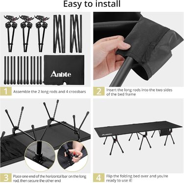 Кемпінгове ліжко Anbte: легке, розкладне, 190x70 см, алюміній, 2 положення висоти, до 180 кг, з сумкою