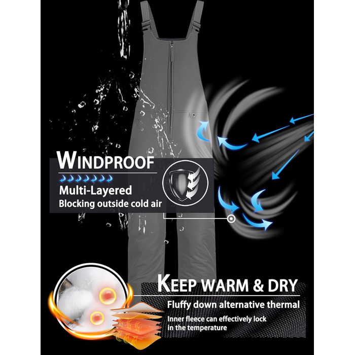 Жіночі гірськолижні штани GEMYSE, водонепроникні, вітронепроникні, з регульованими лямками, комбінезон для холодної погоди (XL, сірий)