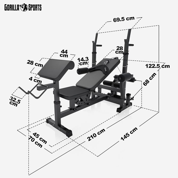 GORILLA SPORTS® Лава для жиму з гантелями 40 кг, 170 см штанга, тренажер для ніг, батерфляй, станція для віджимань, стійка для біцепса, фітнес-станція, силова станція з довгою штангою, чорна