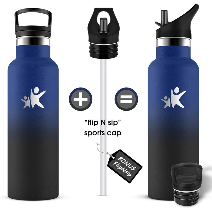 Термос-пляшка KollyKolla 750 мл, для води та газованих напоїв, з трубочкою, без BPA, з подвійними стінками, ізольована, для школи, подорожей, кемпінгу, блакитний + темно-синій