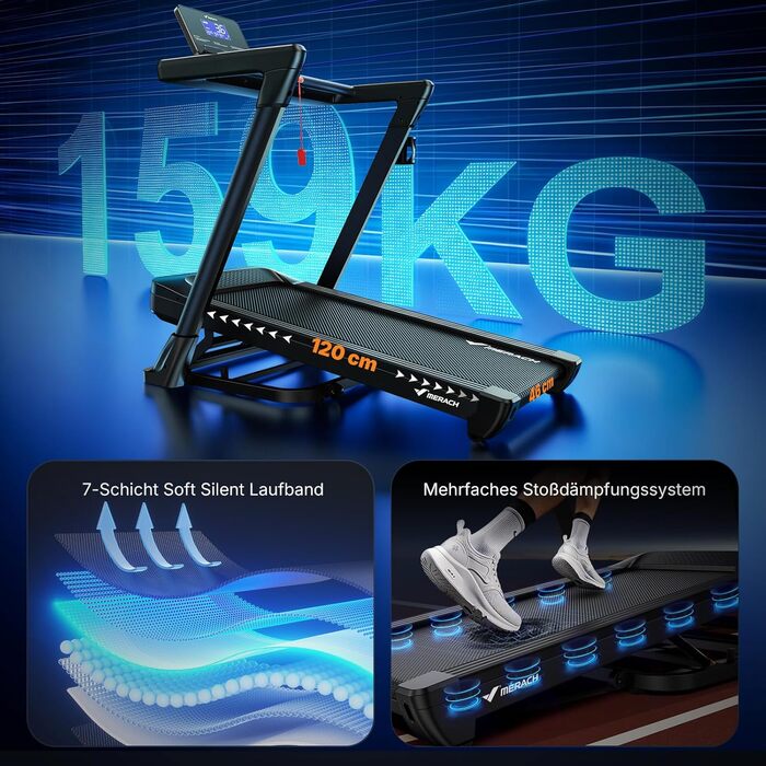 Біговий тренажер MERACH для дому з регулюванням нахилу (6%-18%), швидкість до 14 км/год, складаний, потужність 2.5HP/3.5HP, максимальне навантаження 136/159 кг, розмір 42*108 см / 46*120 см, чорний, з підключенням до додатку