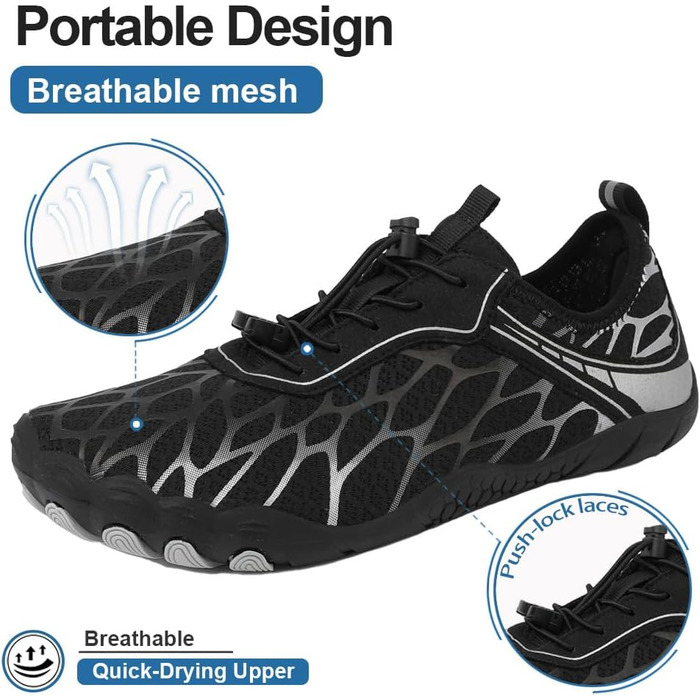 Взуття Barfuss для жінок та чоловіків: водонепроникні шкарпетки, кросівки для плавання, дихаючі, швидко сохнуть, 36-46 EU (41 EU, чорний сріблястий)