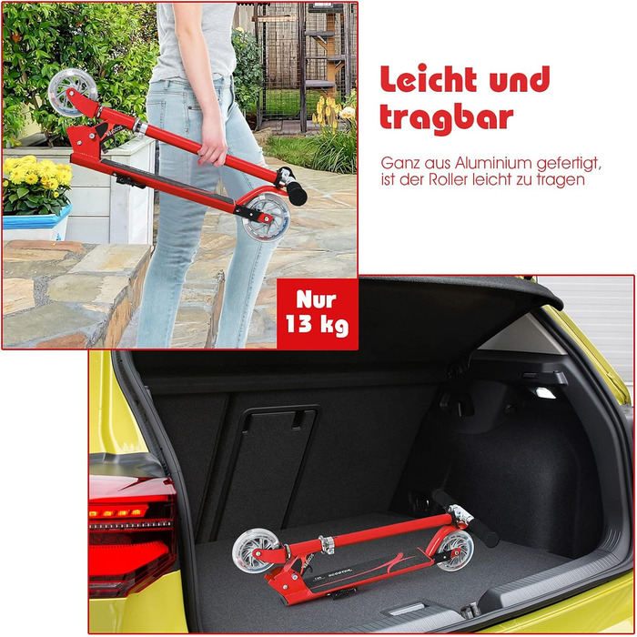 Дитячий ролер Costway з LED-колесами, для дітей від 4 років, до 70 кг, регульована висота, ролер-кіксктер для хлопчиків та дівчаток (червоний)