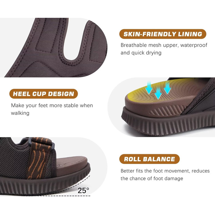 Чоловічі спортивні сандалі KuaiLu з м'якою устілкою, літні шльопанці на липучці, коричневі, 44 EU