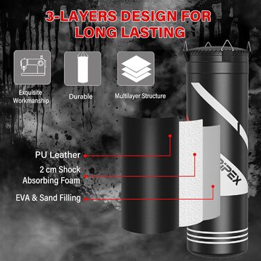 Боксерський мішок Dripex з наповнювачем, важкий підвісний боксерський мішок, комплект з міцним сталевим ланцюгом на 360° та боксерськими рукавичками для тренувань кікбоксингу, фітнесу, MMA