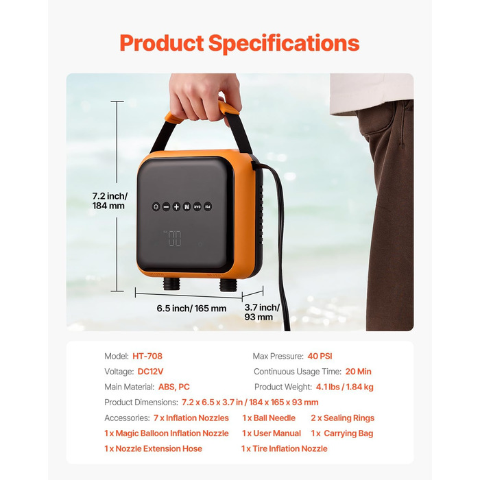 Електрична SUP-насос VEVOR з USB-виходом, 2-ступенева автоматична насос для надувних SUP, наметів, 40 PSI, 12V DC, LED-підсвічування