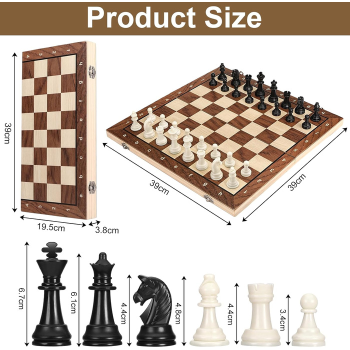 Набір шаховий магнітний 3 в 1 з дерева, шахи та шашки, преміум-якість, 39x39 см