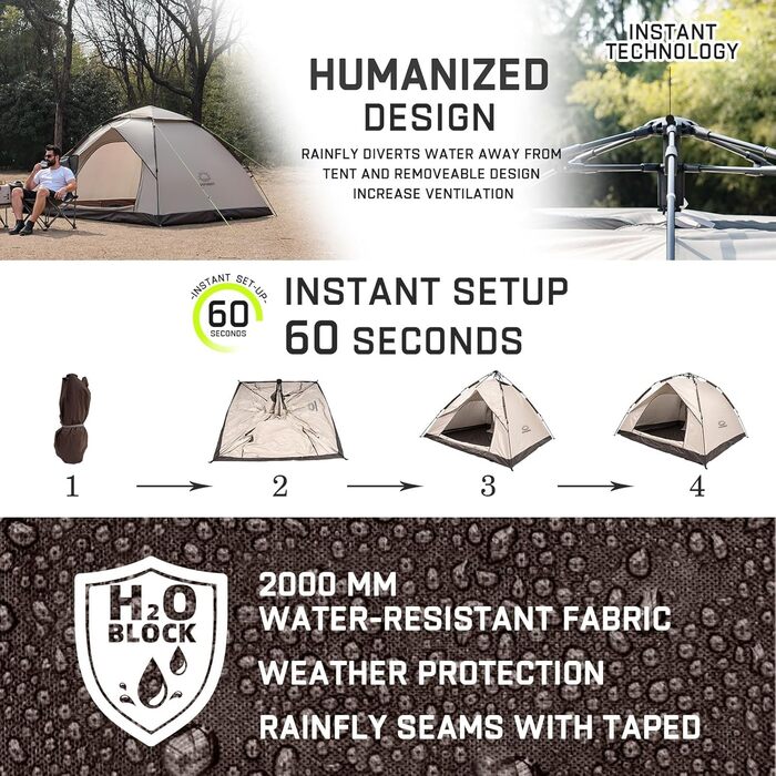 Намет для кемпінгу на 2 особи, водонепроникний, Pop Up, 230x170x135cm | Ідеально для трекінгу, фестивалів, пляжу та захисту від вітру та сонця | Khaki